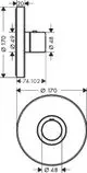Rundes Unterputz-Thermostat in Chrom von AXOR mit einer zentralen Ausnehmung und äußeren Abmessungen. Sichtbare Maße und Details sind im technischen Diagramm dargestellt.